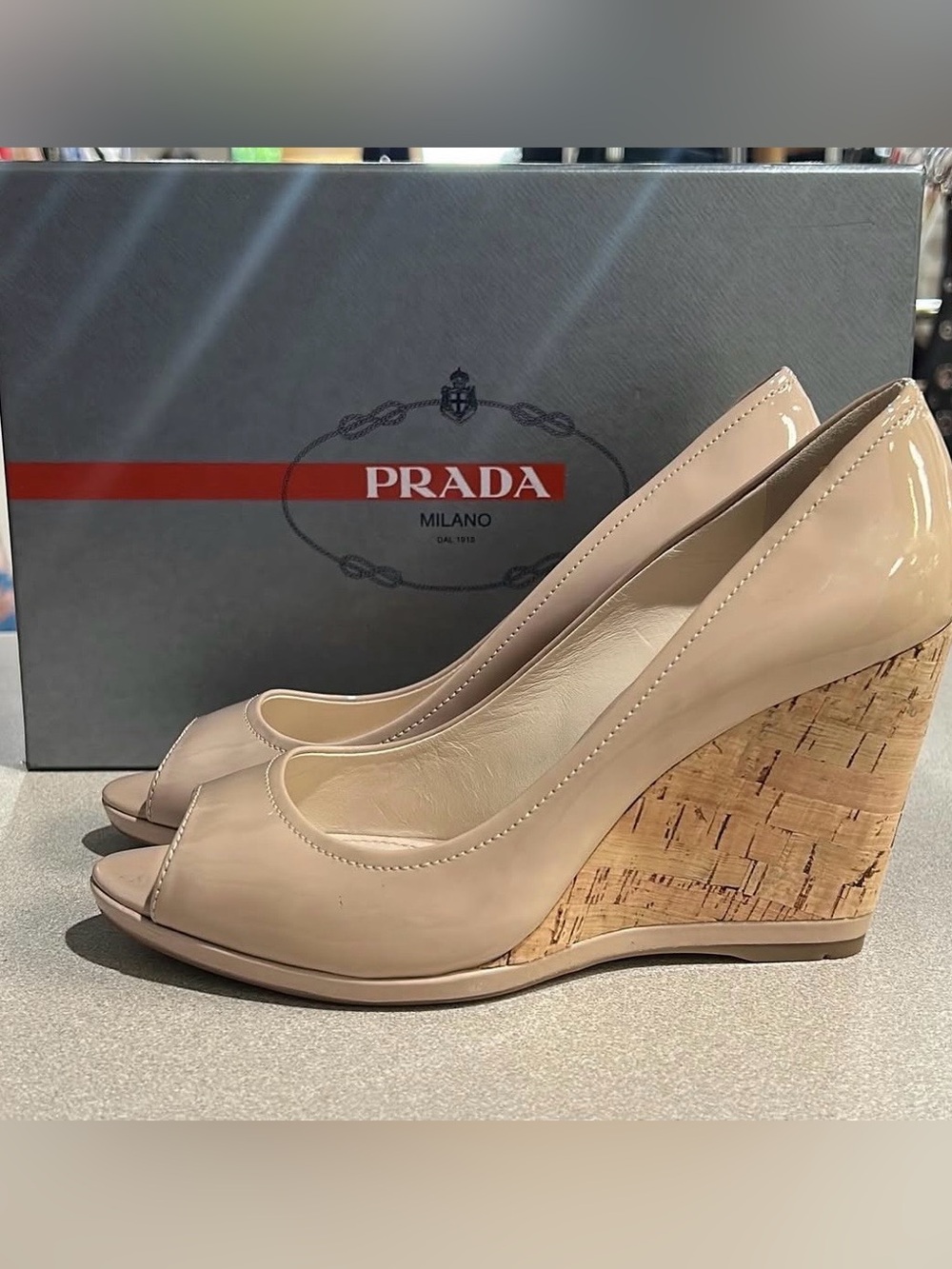 Prada Nude Patent Leather Peep-Toe Cork Wedges